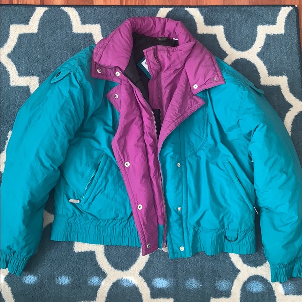 Retro teal and purple puffer rain coat